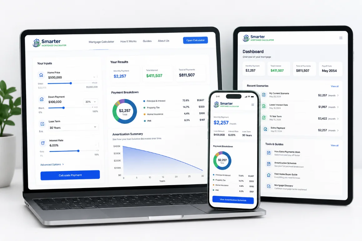 Mortgage planning tools shown across laptop, dashboard and mobile devices